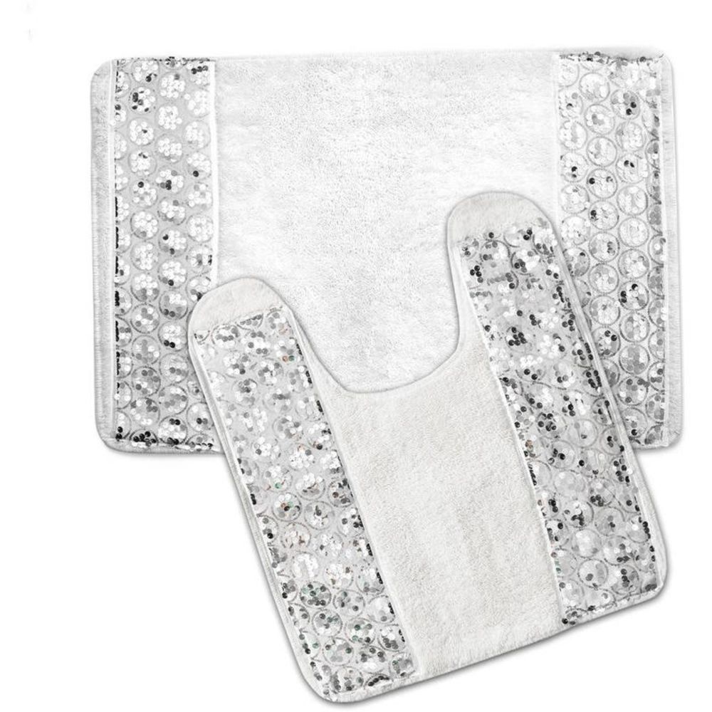 Popular Bath Sinatra White Bathroom Banded Bath & Contour Rug Set